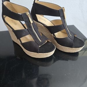 Michael Kors Black Wedge Espadrille Sandals with Gold Zip